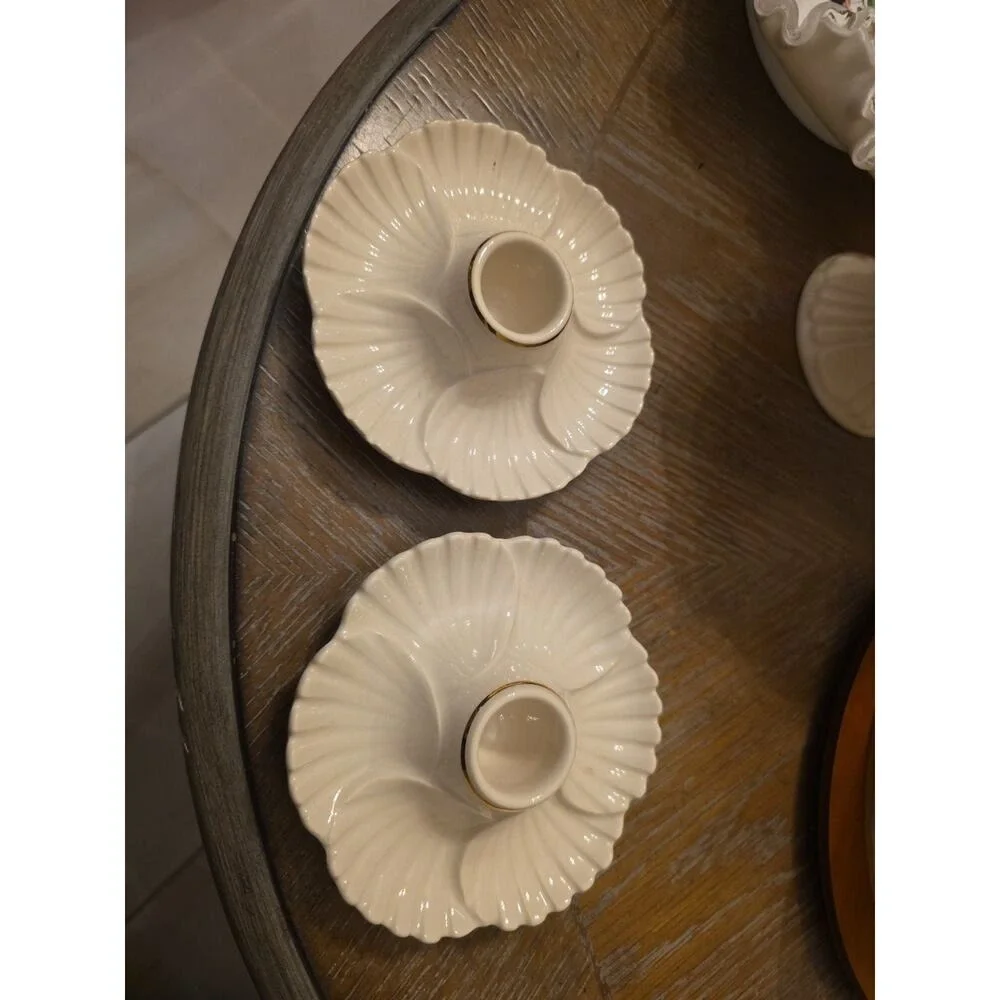 Lenox Shell Candlestick Candle Holders Set of 2 Ivory Gold Trim EUC Elegant‎